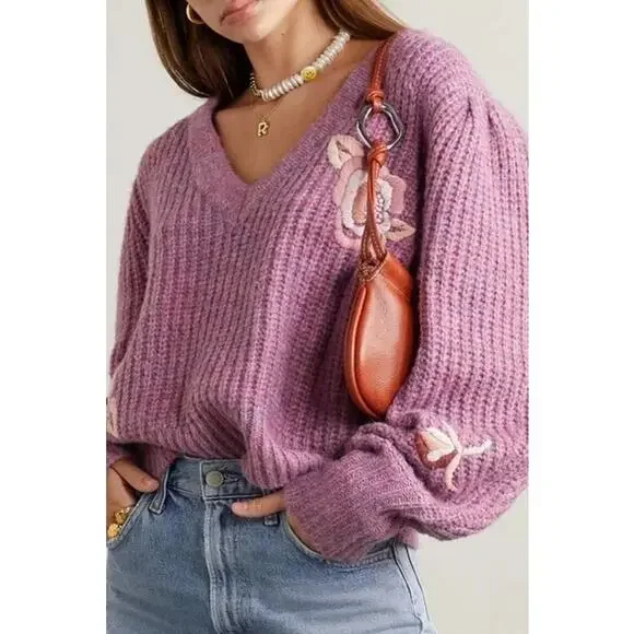 LoveShackFancy Ridge Sweater Floral Embroidered Balloon Sleeve Chunky Knit Berry - Picture 3 of 16
